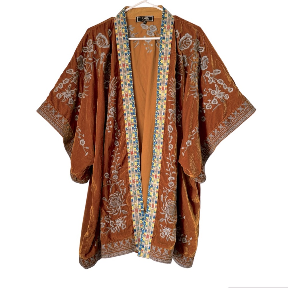 Lucky & Blessed Boho Embroidered Velvet Kimono Duster Jacket